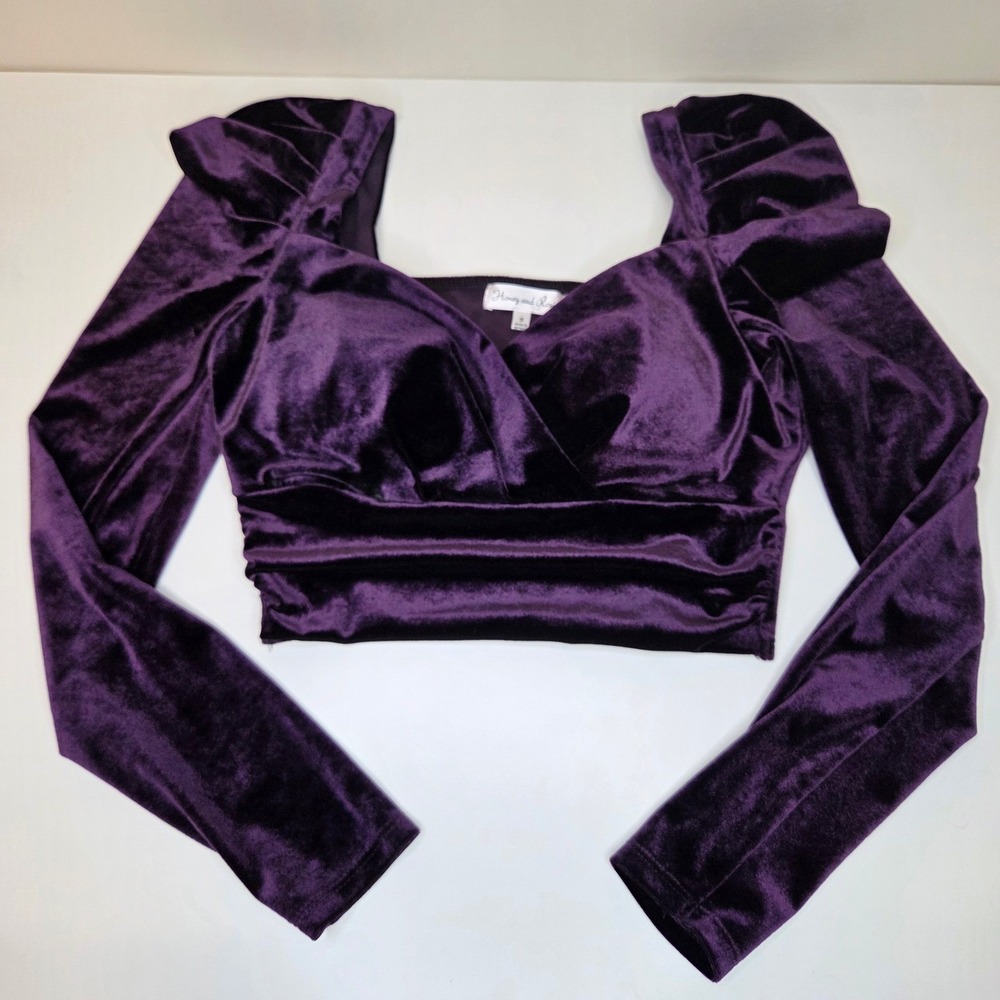 Purple Velvet Crop Top Puffy Shoulder‎ Regencycore Whimsigoth Party Blouse S